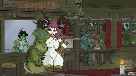 6_horns accessory alternate_species anthro anthro_on_anthro bar big_breasts black_hair black_sclera breast_grab breasts candle eating female fur furgonomics genitals green_body green_scales grey_body grey_scales group hair hand_on_breast horn horn_accessory male male/female multi_horn nipples pink_hair red_eyes scales slightly_chubby slightly_chubby_anthro slightly_chubby_male teal_eyes tribal vulva white_body white_fur wide_hips yellow_eyes yawg bucky_o'hare_(series) nintendo star_fox warhammer_(franchise) itzel_cozumel jenny_(bucky_o'hare) slippy_toad amphibian frog mammal murid murine rat rodent scalie sharpclaw_(star_fox) skaven toad_(frog) verminlord 2026 hi_res