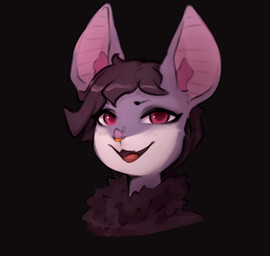 anthro big_ears black_background brown_hair dark facial_piercing female hair looking_at_viewer nose_piercing open_mouth piercing pink_eyes simple_background smile solo derpyrider bat mammal brown_theme bust_portrait digital_media_(artwork) digital_painting_(artwork) painting_(artwork) portrait