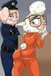 anthro belt butt clothed clothing crossed_arms duo eyewear female fur furgonomics glasses green_eyes hat headgear headwear inmates_clothing leaning leaning_forward looking_back necktie orange_jumpsuit police police_uniform prison prison_uniform prisoner rear_view standing tail tail_clothing uniform utility_belt wool_(fur) akiric disney zootopia dawn_bellwether dmv_pig_(zootopia) mayor_swinton bovid caprine domestic_pig domestic_sheep mammal sheep suid suina sus_(pig) 2018