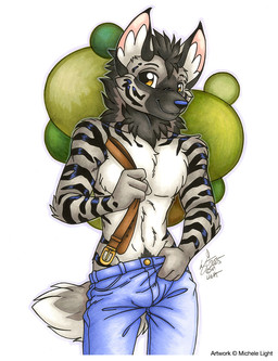 anthro belt bottomwear clothed clothing denim denim_bottomwear denim_clothing front_view fur grey_body grey_fur grey_hair hair holding_bottomwear holding_clothing holding_object holding_pants inner_ear_fluff jeans looking_at_viewer male pants pubes solo topless tuft white_body white_fur white_inner_ear_fluff yellow_eyes michele_light hyena mammal striped_hyena 2025 dated signature traditional_media_(artwork)