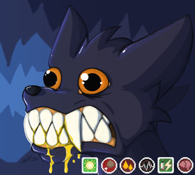 ambiguous_gender anthro bared_teeth big_fangs blood blood_from_mouth blood_in_mouth bodily_fluids brain_damage drugged fangs huge_fangs insane orange_eyes solo status_effect substance_intoxication teeth sillywerwolf casualties:_unknown expie_(gunsawian) gunsawian digital_media_(artwork)