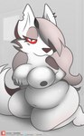 anthro belly big_belly big_breasts biped breasts breasts_squish female fur grey_hair hair half-closed_eyes long_hair looking_at_viewer narrowed_eyes navel nipples nude overweight overweight_female pose presenting simple_background sitting smile solo text white_body foxball helluva_boss mythology loona_(helluva_boss) canid canid_demon canine demon hellhound mammal mythological_canine mythological_creature english_text hi_res