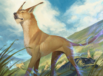 ambiguous_gender brown_body brown_fur cloud day electricity feral fur grass group looking_up outside plant running sitting standing tail teeth whiskers oriana_menendez dungeons_and_dragons hasbro magic:_the_gathering wizards_of_the_coast blink_dog canid felid mammal 2021 hi_res official_art
