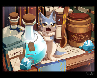 3_fingers 4_toes amazing_background ambiguous_gender anthro biped black_border black_claws blue_body blue_ears blue_fur bodily_fluids book border bottle brown_pupils cheek_tuft chibi circle_eyebrows claws container countershade_face countershade_fur countershade_tail countershade_torso countershading crystal cute_fangs cutlery desk detailed_background eyebrows facial_tuft fangs featureless_crotch feet finger_claws fingers fluffy flying_sweatdrops front_view fur furniture gem glistening glistening_eyes gloves_(marking) grey_inner_ear high-angle_view inner_ear_fluff inside jar kemono kitchen_utensils knife label looking_at_viewer markings micro multicolored_body multicolored_fur multicolored_tail neck_tuft nervous nude on_desk open_mouth paper paws potion potion_bottle pupils semi-anthro solo spoon standing sweat sweatdrop table tail teeth text toes tools tuft two_tone_body two_tone_fur two_tone_tail white_body white_countershading white_fur white_inner_ear_fluff yellow_eyes nemesia/haineko canid canine canis mammal wolf 2022 absurd_res artist_name colored detailed digital_media_(artwork) english_text full-length_portrait hi_res portrait shaded