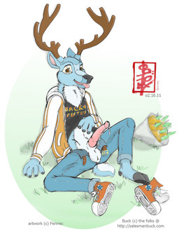 anatomically_correct balls erection genitals male solo text fennec_(artist) meet_buck buck_(meet_buck) cervine deer mammal english_text url