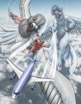 aircraft airplane anthro duo feathers flying holding_object kawkawlin macro male reaching sky skyscape vehicle wings tyrnn mythology kwit avian bird columbid gryphon mythological_avian mythological_creature pigeon absurd_res hi_res