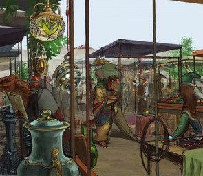 anthro blue_body blue_eyes blue_scales bottomwear clothed clothing container crossed_arms detailed_background digitigrade furniture green_body green_scales group horn jar kerchief looking_up male market market_stall outside pants plant plantigrade pottery red_body red_scales scales shirt sky slice_of_life standing table tail topwear tree yellow_eyes hashika mythology dragon human lizard mammal mythological_creature mythological_scalie reptile scalie digital_media_(artwork) digital_painting_(artwork) painting_(artwork) source_request
