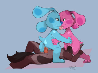 animal_genitalia animal_penis anthro anthrofied anus balls bisexual blue_body blue_nose bodily_fluids butt canine_genitalia canine_penis canon_x_oc countershade_torso countershading cowgirl_position cum cum_in_vagina cum_inside cunnilingus dark_body eye_contact eyebrows female female/female female_on_top female_penetrated ffm floppy_ears french_kissing from_front_position genital_fluids genitals group group_sex hand_on_leg hand_on_thigh hands_on_legs kissing looking_at_another looking_at_partner lying male male/female male_on_bottom male_penetrating male_penetrating_female multicolored_body nude on_back on_bottom on_ground on_top oral penetration penile penile_penetration penis penis_in_vagina pink_body sex short_tail side_view simple_background south_pole_position tail tan_body threesome tongue tongue_out triangle_position trio two_tone_body vaginal vaginal_penetration vulva nanuna blue's_clues nickelodeon blue_(blue's_clues) magenta_(blue's_clues) canid canine canis domestic_dog mammal wolf 2021 digital_drawing_(artwork) digital_media_(artwork) hi_res signature