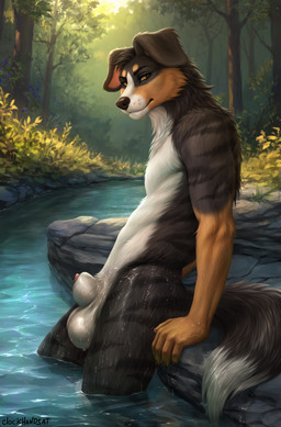 animal_genitalia anthro balls biped claws countershade_torso countershading fingers fur genitals hair looking_at_viewer male nude nude_anthro nude_male penis sheath solo standing tail water clockhands canid canine canis domestic_dog mammal 2026 digital_drawing_(artwork) digital_media_(artwork) hi_res