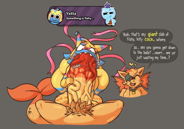 anthro balls big_balls big_penis biped bodily_fluids body_writing cheek_tuft collar collar_tag degradation dialogue duo erection eyelashes facial_tuft fangs fellatio female fin fish_tail freckled_face freckles fur gameplay_mechanics genitals gloves_(marking) hand_on_penis head_fin head_tuft heart_symbol huge_balls huge_penis huge_thighs humanoid_genitalia humanoid_penis hyper hyper_balls hyper_genitalia hyper_penis male male/female markings multicolored_body navel nude onomatopoeia open_mouth oral orange_body orange_fur penile penis pinata pubes saliva scales scaly_tail sex sharp_teeth simple_background sound_effects starfish_(accessory) sweat sweaty_balls sweaty_genitalia tail teeth text thick_thighs tongue tuft two_tone_body vein veiny_penis yellow_body konaise blushcrunch_studio dandy's_world finn_(dandy's_world) yatta_(dandy's_world) animate_inanimate aquatic asterozoan domestic_cat echinoderm felid feline felis hybrid living_pinata mammal starfish 2026 absurd_res colored digital_drawing_(artwork) digital_media_(artwork) english_text handwritten_text hi_res shaded