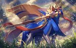 ambiguous_gender blue_body cloud feral grass melee_weapon plant raining solo sword teeth weapon yellow_eyes kuroi_susumu nintendo pokemon crowned_sword_zacian generation_8_pokemon legendary_pokemon pokemon_(species) zacian 2020 hi_res