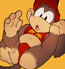 anthro anus barely_visible_anus blush brown_body brown_fur bulge butt clothed clothing feet fingernails fingers fur hand_on_butt headgear headwear looking_at_viewer male nails navel open_mouth pink_tongue prehensile_feet red_cap red_clothing red_headwear red_topwear red_underwear solo toes tongue topwear underwear young young_anthro young_male dandi donkey_kong_(series) nintendo diddy_kong haplorhine kong mammal monkey primate