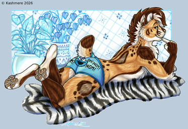 4_toes animal_print anthro black_text blue_briefs blue_clothing blue_seam_briefs blue_text blue_underwear briefs brown_body brown_fur clothed clothing colored_seam_briefs colored_seam_underwear crossed_legs feet fur gloves_(marking) hair hide_(skin) leg_markings looking_at_viewer lying male markings on_front pawpads paws plant plant_pot side_view socks_(marking) solo tan_body tan_fur text text_on_clothing text_on_underwear toes topless underwear underwear_only zebra_print kashmere pbs sesame_street underoos cookie_monster mifflin felid feline leopardus mammal ocelot 2026 artist_name mixed_media signature