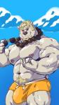2018 anthro bear beard biceps big_bulge big_muscles blonde_hair body_hair brown_eyes bulge clothed clothing eyewear facial_hair flexing fur hair happy_trail huge_muscles jewelry kone_(madcow100) looking_at_viewer madcow100 male mammal muscular muscular_anthro muscular_male necklace nipples pecs pink_nipples polar_bear solo standing sunglasses swimwear taoren topless ursine vein veiny_muscles white_body white_fur