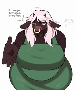 2_horns 5_fingers anthro apron big_breasts breasts clothed clothed_anthro clothed_female clothing curvy_figure ear_piercing ear_ring eyebrows eyelashes facial_piercing female female_anthro fingers front_view green_apron green_clothing hair horn huge_breasts nose_piercing nose_ring overweight overweight_anthro overweight_female piercing red_eyes ring_piercing shirt simple_background solo talking_to_viewer text topwear white_background white_hair wide_hipped_anthro wide_hipped_female wide_hips samirachuni bovid bovine cattle mammal 2025 absurd_res digital_drawing_(artwork) digital_media_(artwork) english_text hi_res portrait three-quarter_portrait