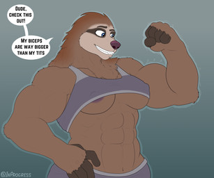 abs anthro athletic_wear big_arms bottomwear bra breasts clothing dialogue female flexing flexing_bicep muscular shorts smile solo sports_bra text under_boob underwear inprogress mammal pilosan sloth xenarthran 6:5 absurd_res english_text hi_res
