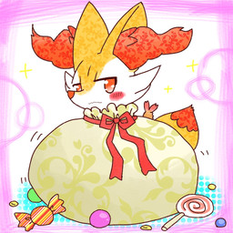 ambiguous_anthro ambiguous_gender anthro blush bow_ribbon candy container dessert dipstick_tail emanata food front_view in_bag in_container lollipop looking_at_viewer markings object_in_tail shrimp_(food) snout solo sparkles tail tail_markings textured wavy_mouth annyui0611 nintendo pokemon braixen canid generation_6_pokemon mammal pokemon_(species) 1:1 2022 digital_drawing_(artwork) digital_media_(artwork) japanese_description translated_description