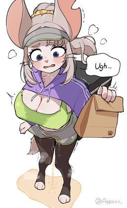 anthro backpack big_breasts blue_eyes blush bodily_fluids bottomwear bra breasts cleavage clothed clothing delivery_(commerce) delivery_employee dialogue digitigrade female food fur genital_fluids hair hat headgear headwear high-angle_view holding_bag holding_food holding_object knock-kneed legwear nipple_outline omorashi open_mouth open_smile paws peeing ponytail scrunchie skirt smile solo steam stockings sweater text toeless_legwear toeless_stockings topwear underwear urine urine_on_leg urine_pool virgin_killer_sweater visor_cap wet wet_bottomwear wet_clothing wet_skirt wetting whiskers white_body white_fur white_hair appoco meme_clothing carrie_(appoco) mammal mouse murid murine rodent absurd_res hi_res meme