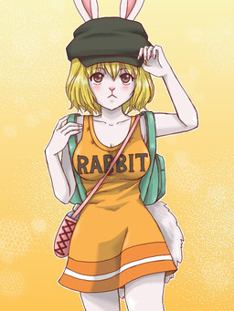 anthro backpack blonde_hair blush breasts canteen cleavage clothed clothing dress female fur hair hat headgear headwear orange_clothing orange_dress shirt solo topwear white_body white_fur ryui one_piece carrot_(one_piece) lagomorph leporid mammal minkmen_(one_piece) rabbit 3:4