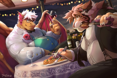 alcohol anthro belly beverage big_belly black_tie_(suit) blue_eyes bottle bow_(feature) bow_tie button_(fastener) claws clothed clothing container cutlery duo ear_piercing ear_ring eating eyewear flower food fork glasses hair kitchen_utensils knife looking_at_viewer male meal musclegut muscular pasta piercing plant plate ring_piercing salt smile spaghetti suit tools water white_hair wine wings tigerlukke european_mythology mythology elsydeon_kuragari dragon felid mammal mythological_creature mythological_scalie pantherine scalie tiger western_dragon hi_res