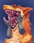 anthro bodily_fluids disembodied_hand drooling duo fangs fur gaping_mouth jaws looking_at_viewer male mouth_play mouth_shot open_mouth orange_body orange_fur palate paws saliva simple_background smug teeth throat tongue tongue_out riorix savvel mammal sergal digital_media_(artwork) digital_painting_(artwork) hi_res