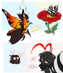 2_antennae 4_legs 4_wings ambiguous_gender ambiguous_taur antennae_(anatomy) arthropod_abdomen black_antennae black_body blush dialogue duo eyespots female female_taur flower flying insect_wings lepidopteran_wings markings multi_wing multicolored_wings nude nude_taur open_mouth orange_eyes orange_wings plant quadruped red_antennae sharp_teeth simple_background sparkles speech_bubble striped_wings stripes surprised teeth text wings bileshroom disney hoppers_(disney) pixar fan_character scarlet_(masochistfox) titus_(hoppers) arthropod butterfly insect lepidopteran swallowtail_butterfly taur zebra_swallowtail 2026 digital_drawing_(artwork) digital_media_(artwork) english_text hi_res