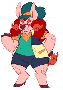 anthro barefoot biped blush blush_stickers bottomwear brown_nose clothed clothing eyewear fangs feet female front_view fully_clothed fur glasses hooves jacket kerchief light_body light_fur long_ears neckerchief neckwear pink_body pink_fur rectangular_glasses shirt shorts shortstack simple_background slightly_chubby smile solo teeth topwear vertical_bar_eyes white_background conditional_dnp irootie heartthrob_cafe truffles_(irootie) canid canine canis domestic_dog domestic_pig hybrid mammal suid suine sus_(pig) full-length_portrait guide_lines hi_res portrait