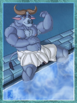 anthro armpit_hair balls bathing blue_body blue_fur body_hair chest_tuft clothing cloven_hooves flaccid foreskin fur genitals hand_on_belly happy_trail hooves horn humanoid_genitalia looking_at_viewer male musclegut muscular muscular_male nipples pecs penis sauna sitting solo steam tail towel towel_only tuft wardrobe_malfunction garo_(artist) mercury_abbey yanker_jr bovid bovine mammal true_buffalo water_buffalo 2025 absurd_res colored digital_media_(artwork) hi_res line_art shaded