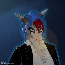 anthro blue_eyes blue_hair cigarette cigarette_in_mouth clothing ear_piercing female fur fur_tuft grey_body grey_fur hair inner_ear_fluff makeup mascara object_in_mouth piercing raining running_makeup running_mascara smoking solo suit tuft wet wet_body wet_fur wet_hair abysstheposs agnes_(abysstheposs) mammal marsupial white-eared_opossum 1:1 hi_res