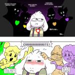 anthro black_eyes blush bodily_fluids clothed clothing dialogue embarrassed fur group male shy sweat text white_body white_fur fatz_geronimo undertale undertale_(series) asriel_dreemurr boss_monster_(undertale) bovid caprine goat human mammal 1:1 2015 english_text