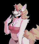 anthro big_breasts black_eyelids black_tongue blonde_hair bodily_fluids breasts clothing eyewear female fur glasses hair long_tongue oil saliva slightly_chubby solo tongue underwear white_body white_fur faust_(artist) maria_(wffl) canid canine canis domestic_dog mammal hi_res