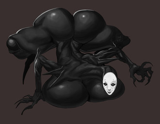 big_breasts big_butt black_body black_sclera breasts brown_background butt featureless_feet feet female front_view huge_breasts huge_butt hyper hyper_breasts hyper_butt long_nails long_neck mask nude simple_background smile solo spikes spikes_(anatomy) teratophilia thick_thighs white_eyes wide_hips dankwoll the_crawler_(ze_blackball.d) eldritch_abomination humanoid monster monstrous_humanoid absurd_res hi_res