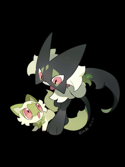 ambiguous_gender anthro chibi duo fangs feral fur green_body green_fur green_hair hair open_mouth pawpads paws pink_eyes simple_background tail teeth lanjiujiu nintendo pokemon felid feline generation_9_pokemon mammal meowscarada pokemon_(species) sprigatito 2025 3:4 dated hi_res signature