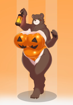 anthro big_breasts biped breasts brown_body brown_fur claws clothed clothed_anthro clothed_female clothing costume feet female finger_claws fingers front_view fur green_eyes half-closed_eyes halloween_costume holidays huge_breasts humanoid_feet humanoid_hands lamp lantern leotard looking_at_viewer narrowed_eyes pattern_background pawpads plantigrade pose simple_background skimpy slightly_chubby slightly_chubby_anthro slightly_chubby_female smile solo standing striped_background thick_thighs toe_claws toes white_body white_fur wide_hips foxsiva halloween bear mammal 2025 absurd_res colored full-length_portrait hi_res portrait shaded