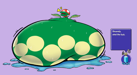 belly big_belly duo feral green_body grey_background huge_belly inflation liquid_inflation plant profanity simple_background text water_inflation shweetmagnet mario_bros nintendo super_mario_sunshine f.l.u.d.d. elemental_creature flora_fauna piranha_plant 2023 english_text hi_res