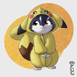 ambiguous_gender brown_eyes clothed clothing cosplay diaper diaper_under_clothing diaper_under_onesie looking_away onesie semi-anthro solo wearing_diaper zipper conditional_dnp yakukitsu nintendo pokemon yaku_(yakukitsu) domestic_cat felid feline felis generation_1_pokemon hybrid mammal mephitid pikachu pokemon_(species) skunk 1:1 male_(lore)