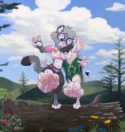 anthro arm_over_shoulder balancing_on_foot bell bell_collar belt blep blue_collar blue_eyes bottomwear claw_slits clothed clothing cloud collar crop_top day detailed_background dipstick_ears dipstick_fingers dipstick_tail dipstick_toes duo ear_markings eyewear feet female flower foot_focus fur gesture glasses gold_bell grass green_eyes grey_body hair hand_gesture hill hug log looking_at_another looking_at_partner male markings midriff multicolored_ears outside paws pink_nose plant poncho shirt sky skyscape smile tail tail_markings tongue tongue_out topwear v_sign white_body wood animancer luck_(animancer) nixuelle dipodid domestic_cat egyptian_mau felid feline felis jerboa mammal rodent 2025 digital_media_(artwork) hi_res