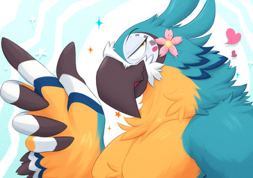 anthro beak biped black_eyebrows blue_body blue_feathers brown_beak brown_body brown_feathers chest_tuft eyebrows feather_hands feathers flower heart_symbol looking_aside looking_at_viewer male male_anthro multicolored_body multicolored_feathers muscular muscular_anthro muscular_male nude nude_anthro nude_male orange_body orange_feathers pecs plant simple_background solo sparkles text tuft white_body white_feathers yellow_eyes isaacyote breath_of_the_wild nintendo the_legend_of_zelda kass_(tloz) avian rito 2026 artist_name digital_media_(artwork) watermark