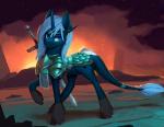 armor blue_body blue_fur detailed_background female feral fur hair hooves horn melee_weapon smile solo standing sword weapon white_hair rodrigues404 hasbro my_little_pony mythology fan_character equid equine mammal mythological_creature mythological_equine unicorn animated short_playtime