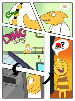 anthro bodily_fluids bodily_noises clothing coat contextual_arrow different_sound_effects ding directional_arrow door doorbell drooling exclamation_point eyes_closed eyewear fangs female food furniture glasses hungry imminent_vore lab_coat laboratory mouth_shot onomatopoeia open_mouth overweight question_mark rumbling_stomach saliva sandwich_(food) sequential_arrow sound_effects spikes table teeth text tongue tongue_out topwear uvula vore yellow_body yellow_skin chubbyjam undertale undertale_(series) alphys monster_kid undyne aquatic fish lizard reptile scalie comic english_text pictographics