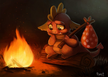 anthro biped campfire cute_fangs fangs fire green_eyes log male night nude purple_body purple_scales sad scales sitting solo tail teeth text wood piper_thibodeau friendship_is_magic hasbro my_little_pony mythology spike_(mlp) dragon mythological_creature mythological_scalie scalie digital_media_(artwork) digital_painting_(artwork) english_text painting_(artwork) signature