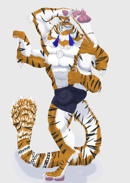 4_arms anthro blue_body blue_fur clothed clothing fluffy fur genital_outline male multi_arm multi_limb muscular muscular_male on_one_leg orange_body orange_fur purple_eyes smile solo standing stripes tail white_body white_fur terano varinan_(terano) felid mammal pantherine tiger absurd_res hi_res