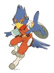 anthro beak belt blue_body blue_feathers clothing feathers green_eyes headgear jacket kerchief looking_at_viewer male neckerchief solo topwear powree nintendo star_fox falco_lombardi avian bird 2022 hi_res