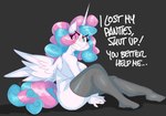 aged_up anthro anthrofied blue_eyes blue_hair blue_tail blush breasts clothed clothing dialogue female hair horn legwear long_hair multicolored_hair pink_hair pink_tail sitting solo stockings tail teeth text thigh_highs two_tone_hair two_tone_tail unicorn_horn white_body wings flutterthrash friendship_is_magic hasbro my_little_pony mythology flurry_heart_(mlp) equid equine mammal mythological_creature mythological_equine winged_unicorn 2025 absurd_res english_text hi_res signature