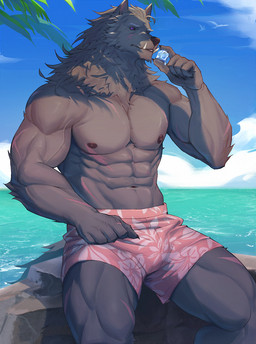 abs anthro areola beach black_body black_fur clothed clothing fangs fur ice ice_cube looking_at_viewer male male/male muscular muscular_anthro muscular_male navel neck_tuft nipples on_rock pecs purple_eyes rock scar scars_all_over sea sitting sitting_on_rock solo tail teeth topless tuft underwear underwear_only vein veiny_muscles water elden_ring fromsoftware blaidd_(elden_ring) zeb canid canine canis humanoid mammal wolf hi_res