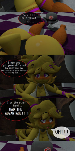 anthro ass_up big_breasts big_butt blush breasts butt butt_grab duo female hand_on_butt looking_back machine male male/female size_difference stuck text thick_thighs yellow_body imperialspartan cryptiacurves_(modeler) five_nights_at_freddy's five_nights_at_freddy's_2 scottgames chiku_(cryptiacurves) animatronic avian bird chicken galliform phasianid robot 3d_(artwork) absurd_res comic digital_media_(artwork) english_text hi_res