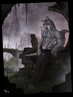 abs accessory anthro biceps black_nose blood bodily_fluids bottomwear clothed clothing cross cross_necklace frown fur green_eyes grey_body grey_fur headband jewelry knife male muscular muscular_male necklace nipples pants pecs solo tail topless torn_clothing white_body white_fur corvuspointer thundergrey canid canine canis mammal wolf 2010 3:4 hi_res