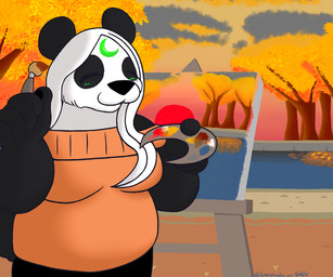 anthro black_body black_fur black_nose blush brush clothed clothing female fur fur_markings grass hair markings outside paint paintbrush painting_(action) painting_(object) palette plant pond round_ears slightly_chubby smile solo sunset tree white_body white_fur white_hair lunarpanda8686 mika_(lunarpanda8686) bear giant_panda mammal ursine 6:5 digital_media_(artwork)