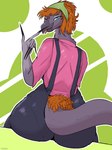 5_fingers abstract_background anthro big_butt blue_eyes brown_hair butt claws clothing eyelashes feathered_tail feathers female finger_claws fingers grey_body grey_scales hair kerchief long_claws long_tail looking_at_viewer looking_back looking_back_at_viewer one_eye_closed orange_body orange_feathers overalls scales short_hair sitting smile snout solo tail text tongue tongue_out wink winking_at_viewer yeik_art cavemanon_studios fossil_fuel_(sg_mod) snoot_game ruth_carlisle dinosaur feathered_dinosaur feathered_scalie prehistoric_species reptile scalie therizinosaurid therizinosaurus theropod 2025 artist_name digital_drawing_(artwork) digital_media_(artwork) hi_res watermark