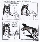 2012 4koma anne_barnetson base_two_layout black_nose canid canine canis comic customer_service_wolf dialogue duo english_text exclamation_point feral four_frame_image grid_layout hi_res humor lagomorph leporid mammal question_mark rabbit snout text traditional_media_(artwork) two_row_layout vore wolf